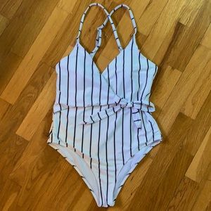 Cupshe White with Navy Stripe One Piece